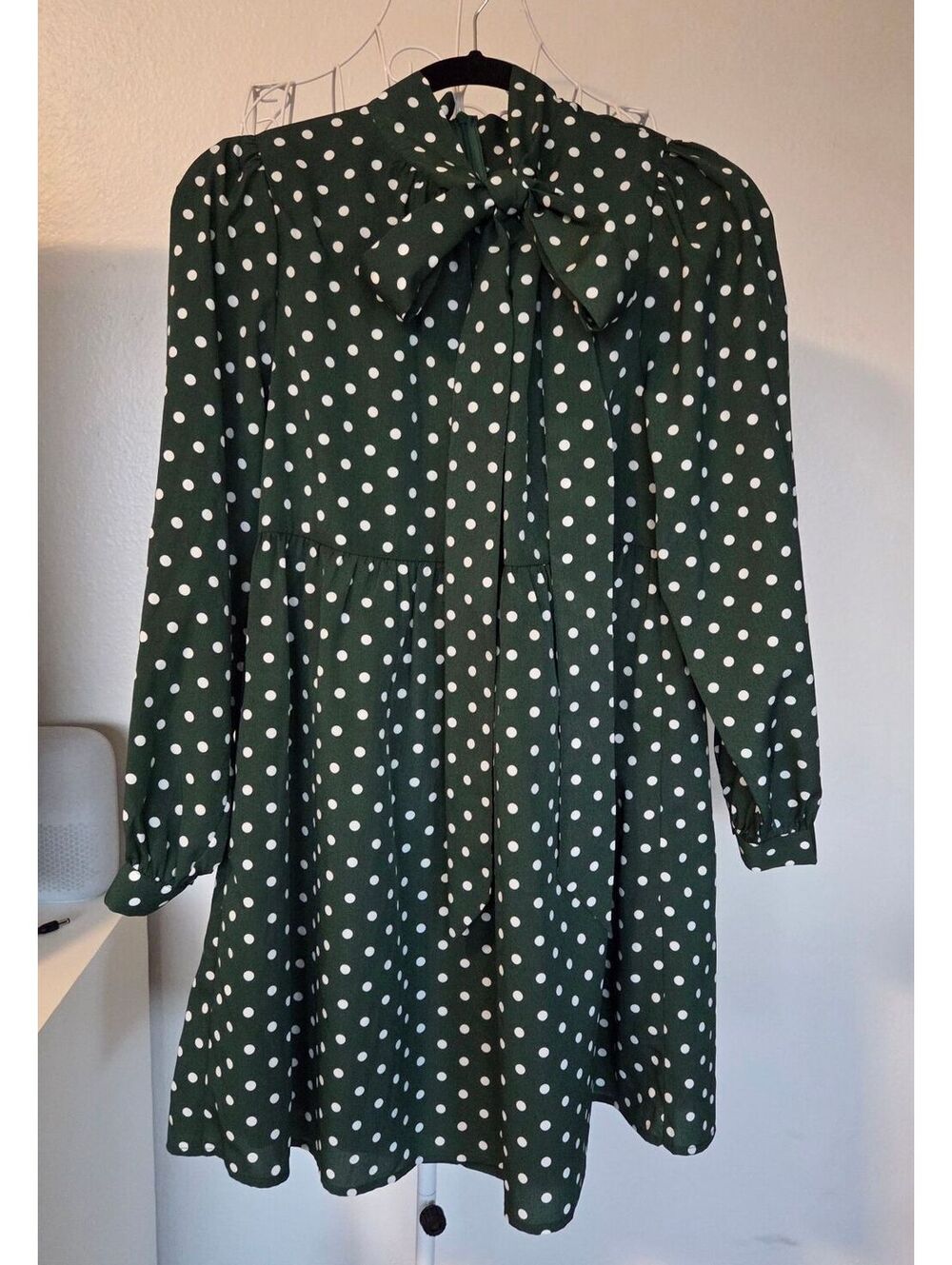 JODIFL Green Polka Dot Long Sleeve Dress with Bow Tie Neck